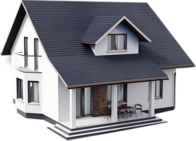 3D model of a modern house with dark gray roof and covered porch