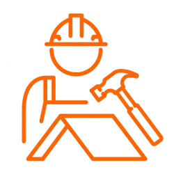 Orange icon of a roofer with hard hat and hammer