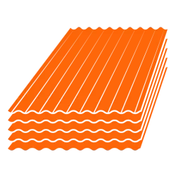 Stack of orange corrugated metal roofing sheets on black background