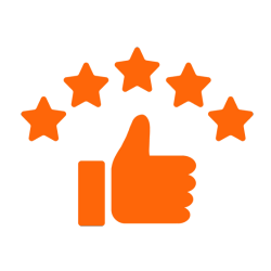 Five-star rating icon with orange thumbs-up symbol