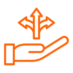 Orange icon of hand with three-way directional arrow for choices