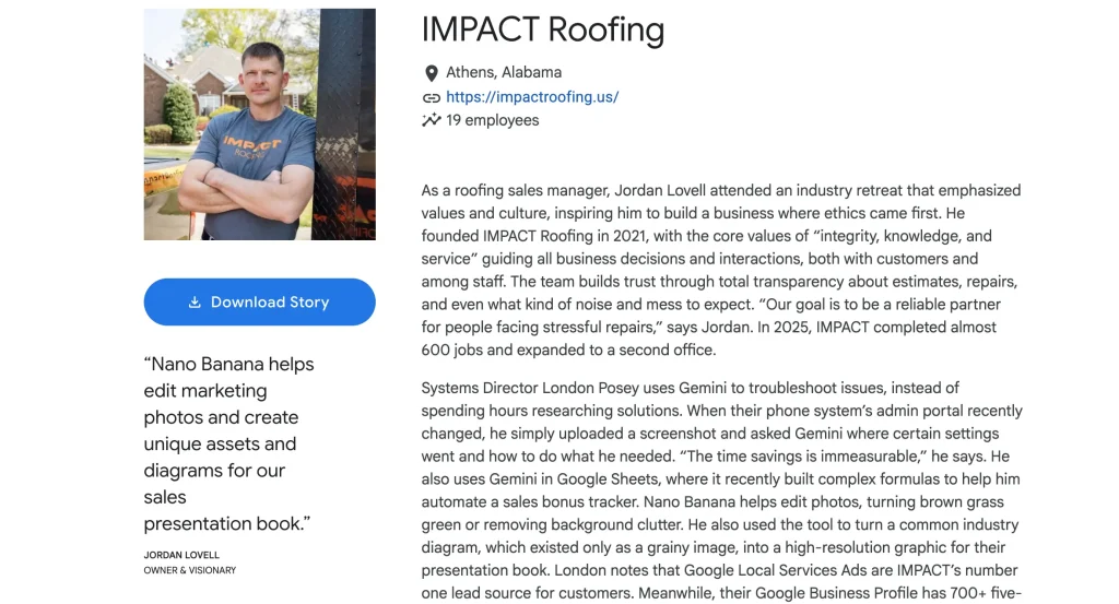 IMPACT Roofing featured in Google's 2025 economic Impact report - article snapshot