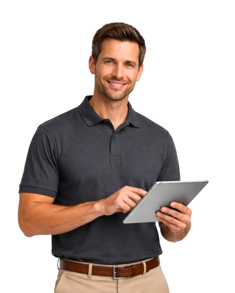 Man in polo holding tablet device against black background