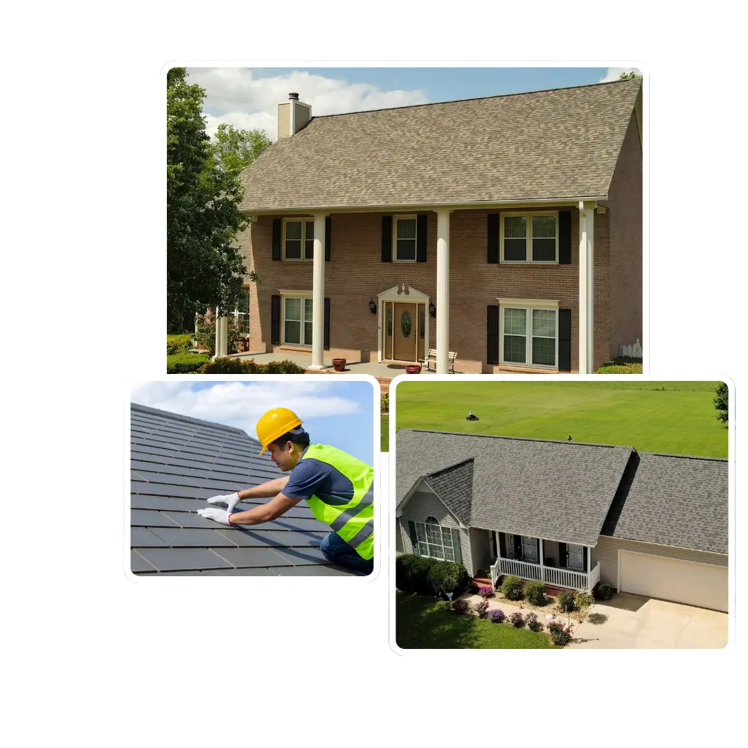 Collage of a brick home, roofer installing tiles, and aerial roof view